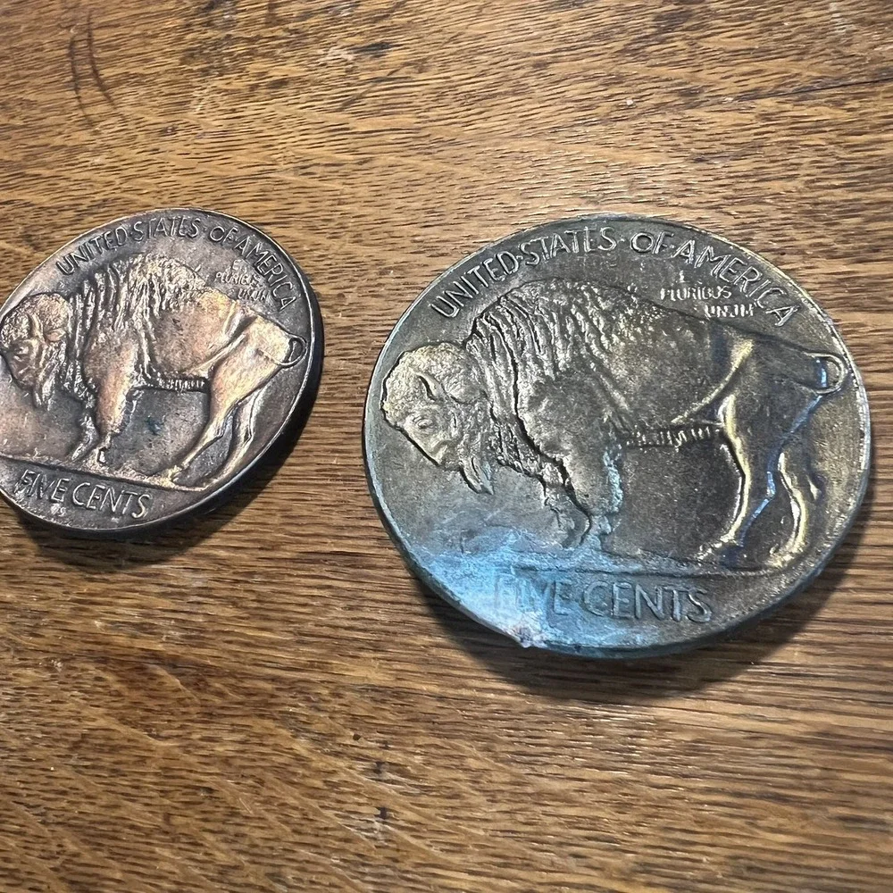 Lot of 2 VTG Buffalo 5 Cents Nickel Belt Buckle Silver Round USA 3